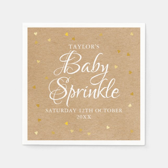 Gold Hearts Confetti Baby Sprinkle / Shower Rustic Napkin (Front)
