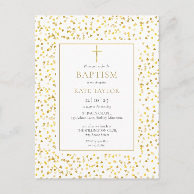 Gold Hearts Confetti Baptism Christening Invitation Postcard (Front)
