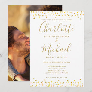 Gold Hearts Confetti Elegant Script Photo Wedding Invitation