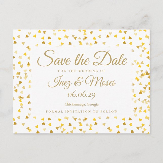 Gold Hearts Confetti Save the Date Announcement Postcard (Front)