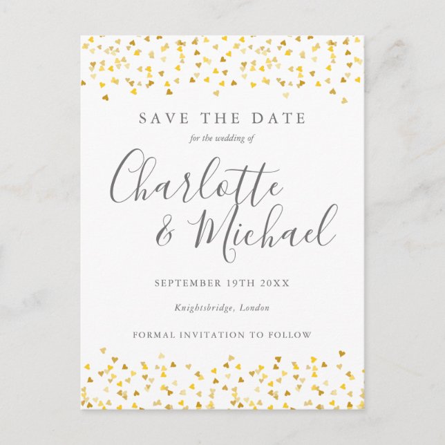 Gold Hearts Confetti Save the Date Announcement Postcard (Front)