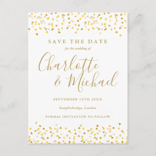 Gold Hearts Confetti Save The Date Postcard