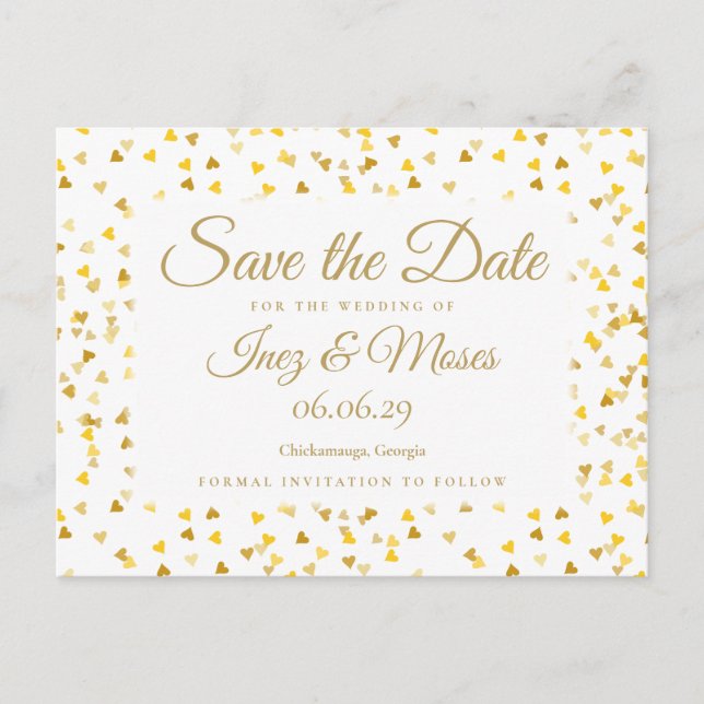 Gold Hearts Confetti Save the Date Postcard (Front)
