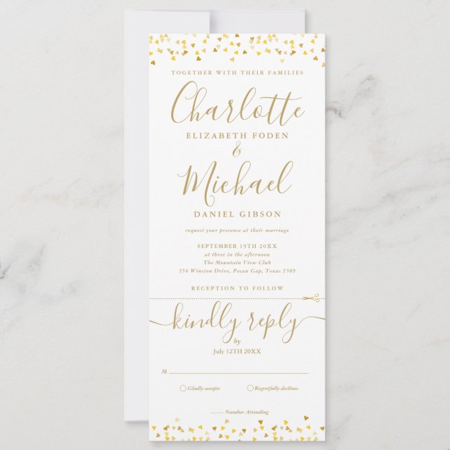 Gold Hearts Confetti Script All In One Wedding Invitation (Front)
