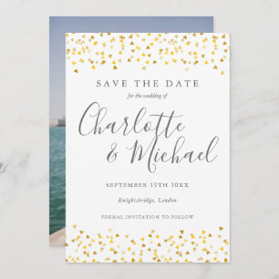 Gold Hearts Confetti Script Photo Save The Date