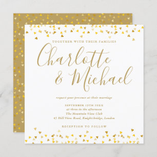 Gold Hearts Confetti Script Wedding Square Invitation