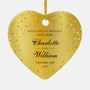 Gold Hearts Confetti Wedding Custom Monogram  Ceramic Ornament