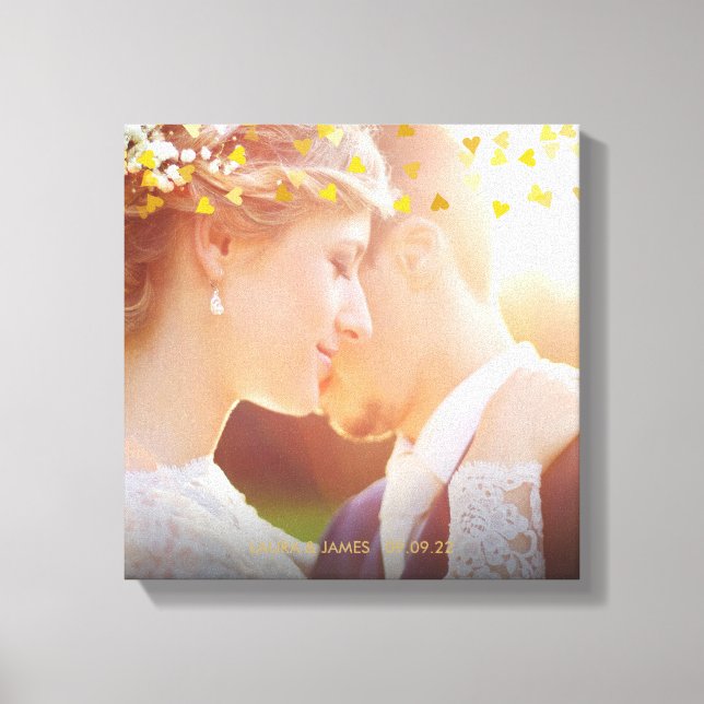 Gold Hearts Confetti Wedding Photo Canvas Print (Front)