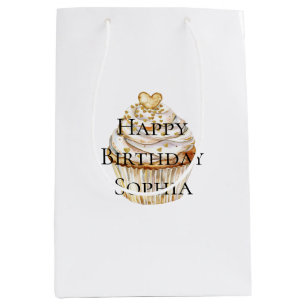Gold Hearts Cupcake Birthday Medium Gift Bag