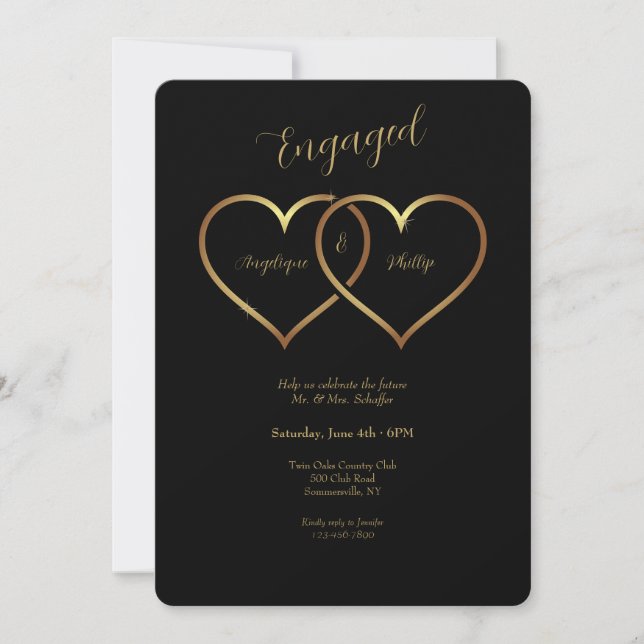 Gold Hearts Engagement Invitation (Front)