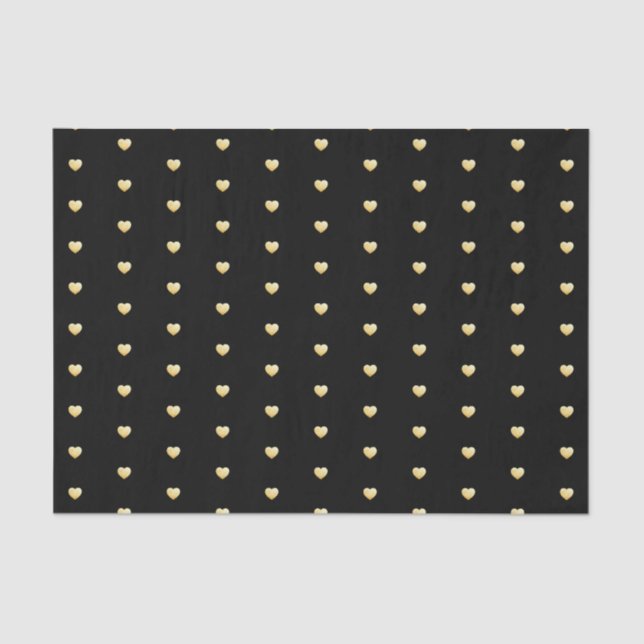 Gold Hearts Faux Foil Pattern on Black Tissue Paper (Front)