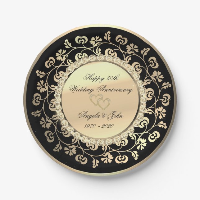 Gold Hearts Floral Diamonds 50thWedding Anniversar Paper Plate (Front)