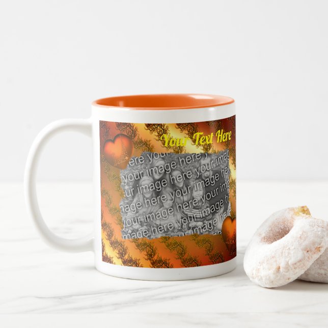 Gold Hearts Frame Personalized Photo   Two-Tone Coffee Mug (With Donut)