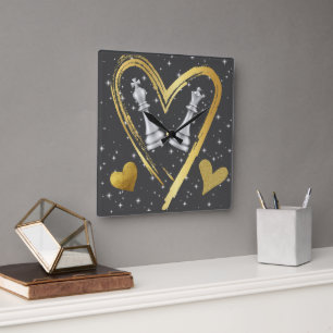 Gold Hearts King and Queen Chess Pieces on Black   Square Wall Clock