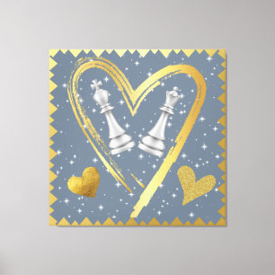 Gold Hearts King and Queen Chess Pieces on Grey   Canvas Print
