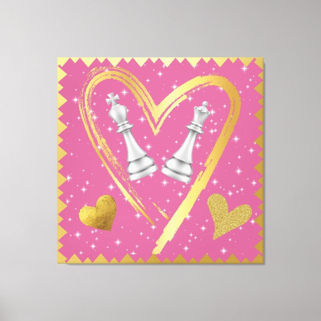 Gold Hearts King and Queen Chess Pieces on Plum | Canvas Print (Front)