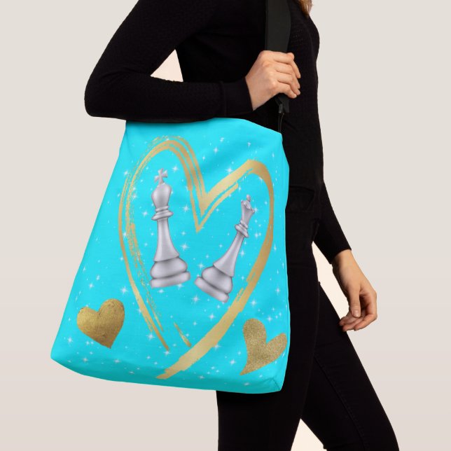 Gold Hearts King and Queen Chess Pieces on Turq | Crossbody Bag (Close Up)