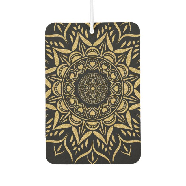 Gold hearts mandala on black air freshener (Front)