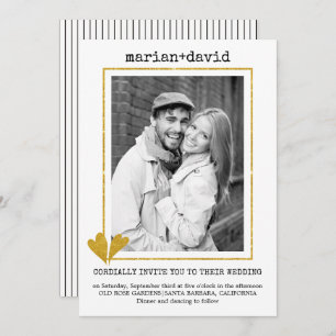 Gold hearts modern typewriter wedding photo invitation