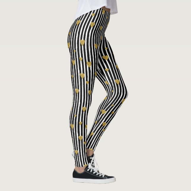 Gold Hearts On Black And White Stripes Leggings (Right)