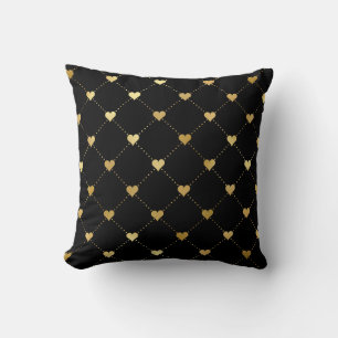 Gold Hearts on Black Classy Romantic Pattern  Throw Pillow