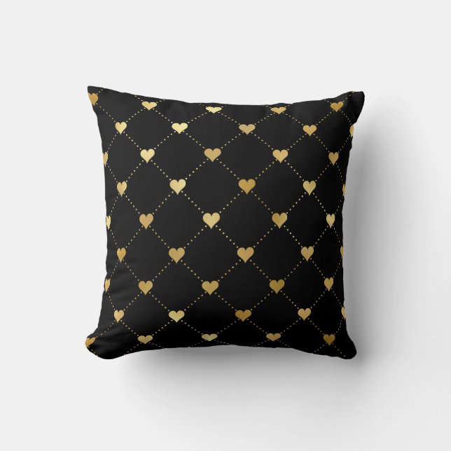 Gold Hearts on Black Classy Romantic Pattern  Throw Pillow (Front)