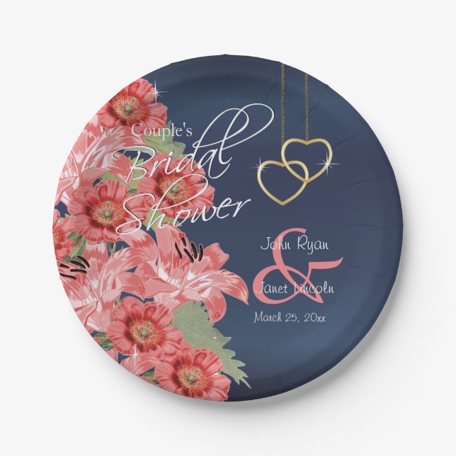 Gold Hearts on Coral & Navy Satin Paper Plate (Front)