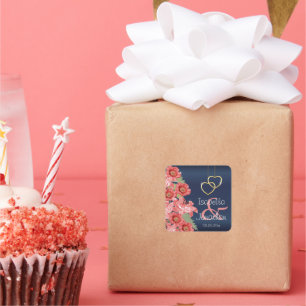 Gold Hearts on Coral & Navy Satin  Square Sticker