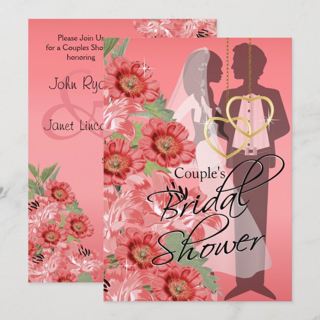 Gold Hearts on Coral Satin Couple's Shower Invitation (Front/Back)