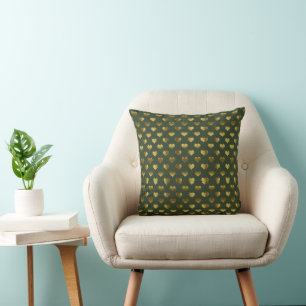 Gold Hearts on Green Throw Pillow