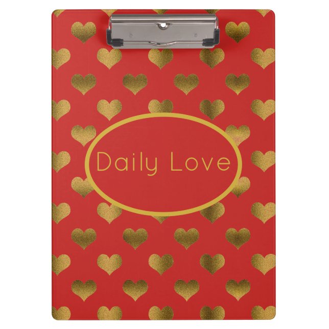 Gold Hearts on Red Customizable Clipboard (Front)