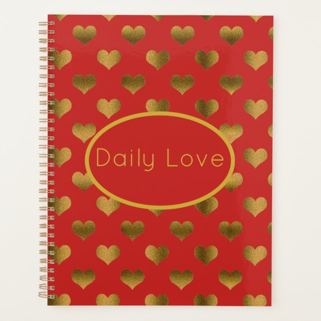 Gold Hearts on Red Customizable Planner (Front)