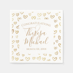 Gold Hearts on White Customizable Name Date Napkin