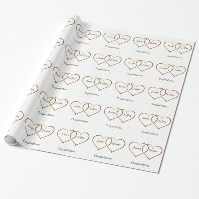 Gold Hearts Personalized Wedding Wrapping Paper (Unrolled)