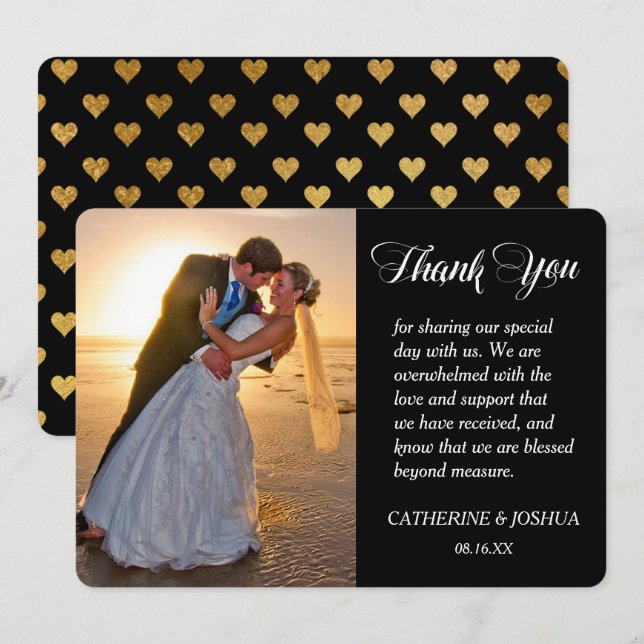 Gold Hearts Photo Wedding Thank You (Front/Back)