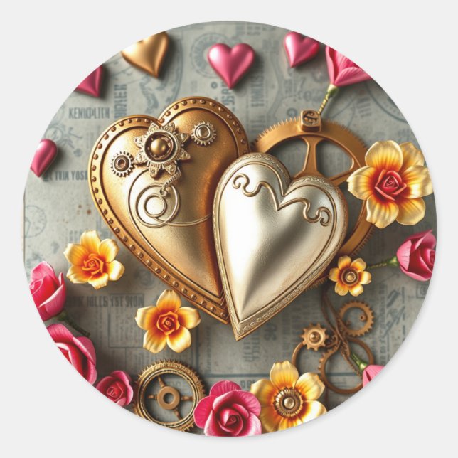 Gold Hearts, Pink and Yellow Flowers Steampunk Classic Round Sticker (Front)