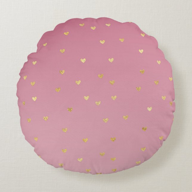 Gold Hearts Pink Ombre Round Pillow (Front)