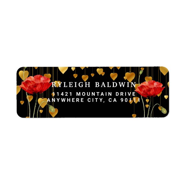 Gold Hearts Red Poppy Adresse de retour Label (Devant)