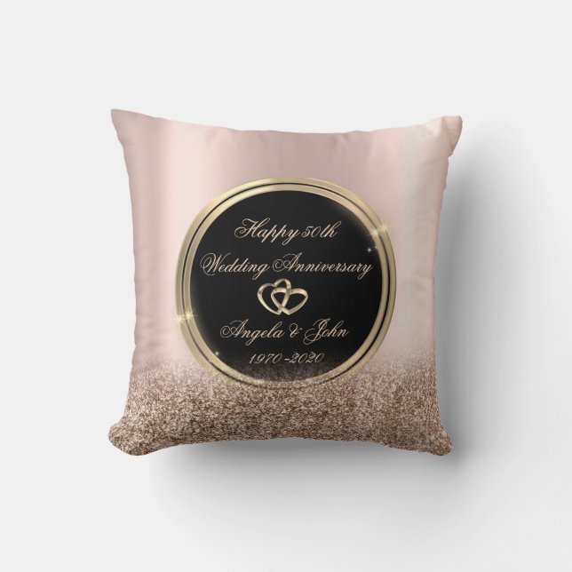 Gold Hearts Rose Gold Glitter 50th Anniversary Throw Pillow (Front)