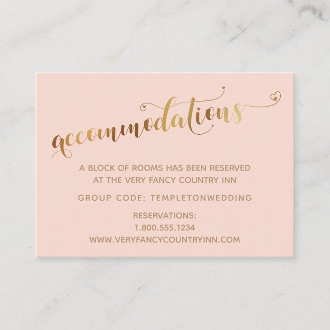 Gold Hearts Script Blush Wedding Accommodations Enclosure Card (Front)