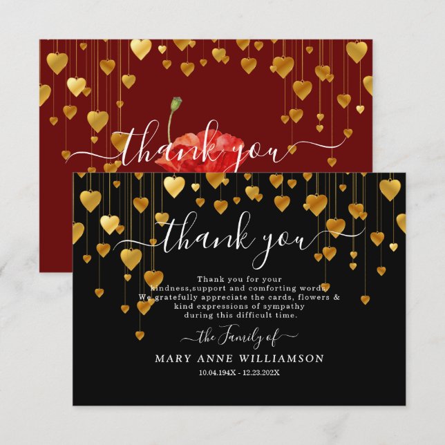 Gold Hearts Script Funeral Thank You Card (Front/Back)