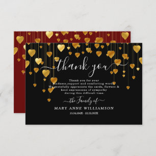 Gold Hearts Script Funeral Thank You Card