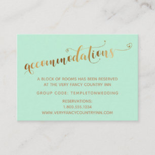 Gold Hearts Script Mint Wedding Accommodations Enclosure Card