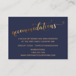 Gold Hearts Script Navy Wedding Accommodations Enclosure Card