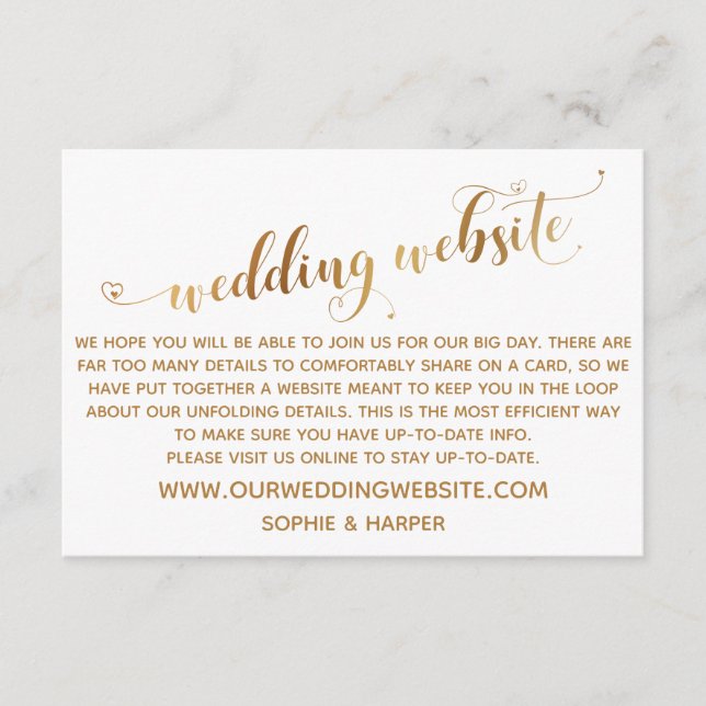 Gold Hearts Script on White Wedding Website Enclosure Card (Front)