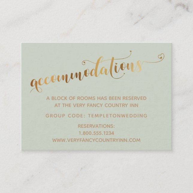 Gold Hearts Script Sage Wedding Accommodations Enclosure Card (Front)
