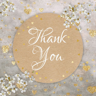 Gold Hearts Script Thank You Rustic Kraft Boho Classic Round Sticker