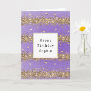 Gold Hearts Sparkle Purple Glitter Birthday Card