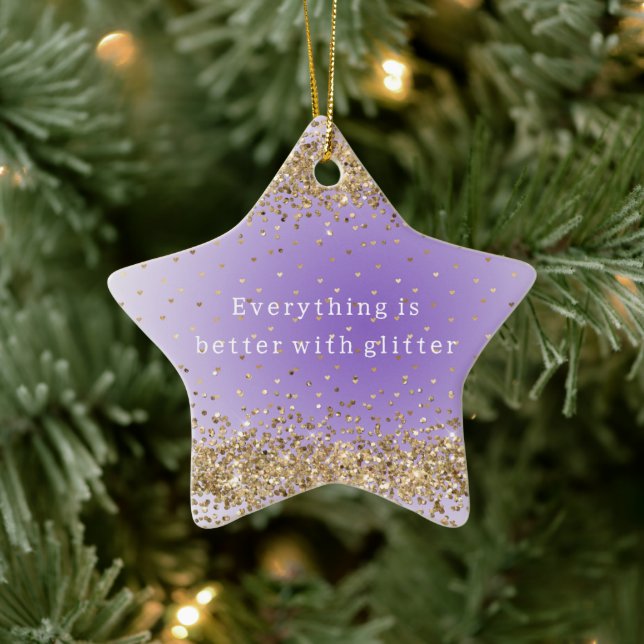 Gold Hearts Sparkle Purple Glitter quote  Ceramic Ornament (Tree)