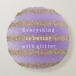 Gold Hearts Sparkle Purple Glitter quote  Round Pillow